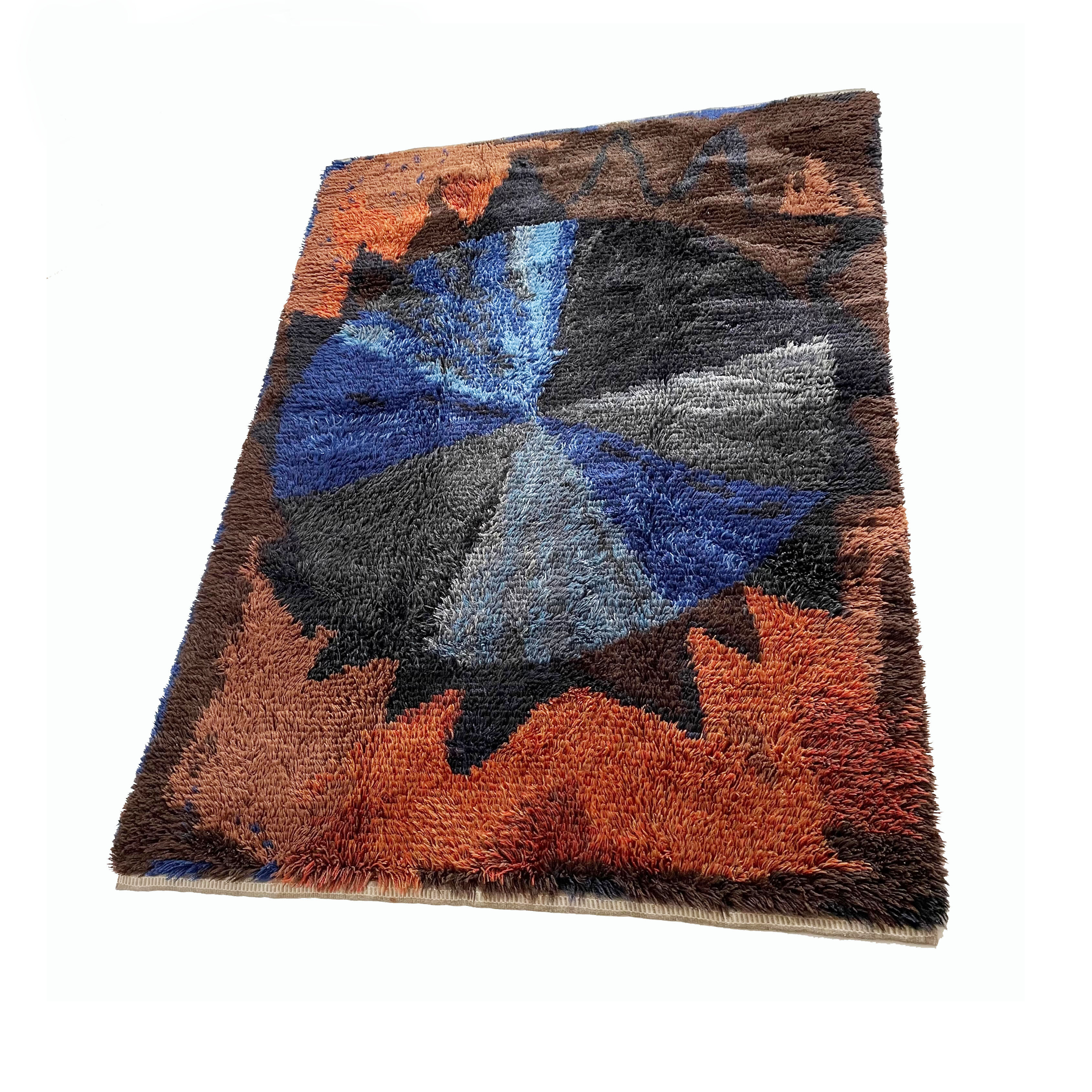 Abstract Scandinavian Multicolor High Pile Rya Rug Carpet, Sweden, 1960s