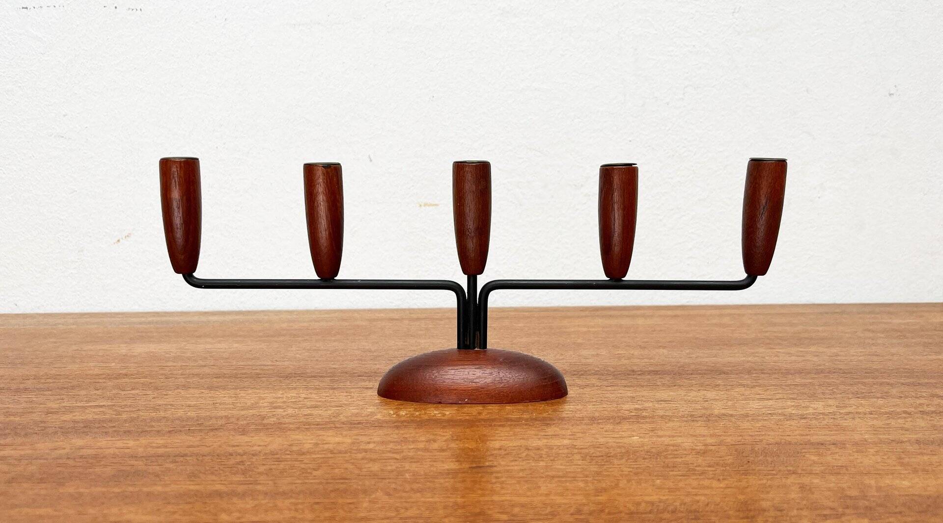 Teak candlestick in mid-century Danish string style, 1960s.