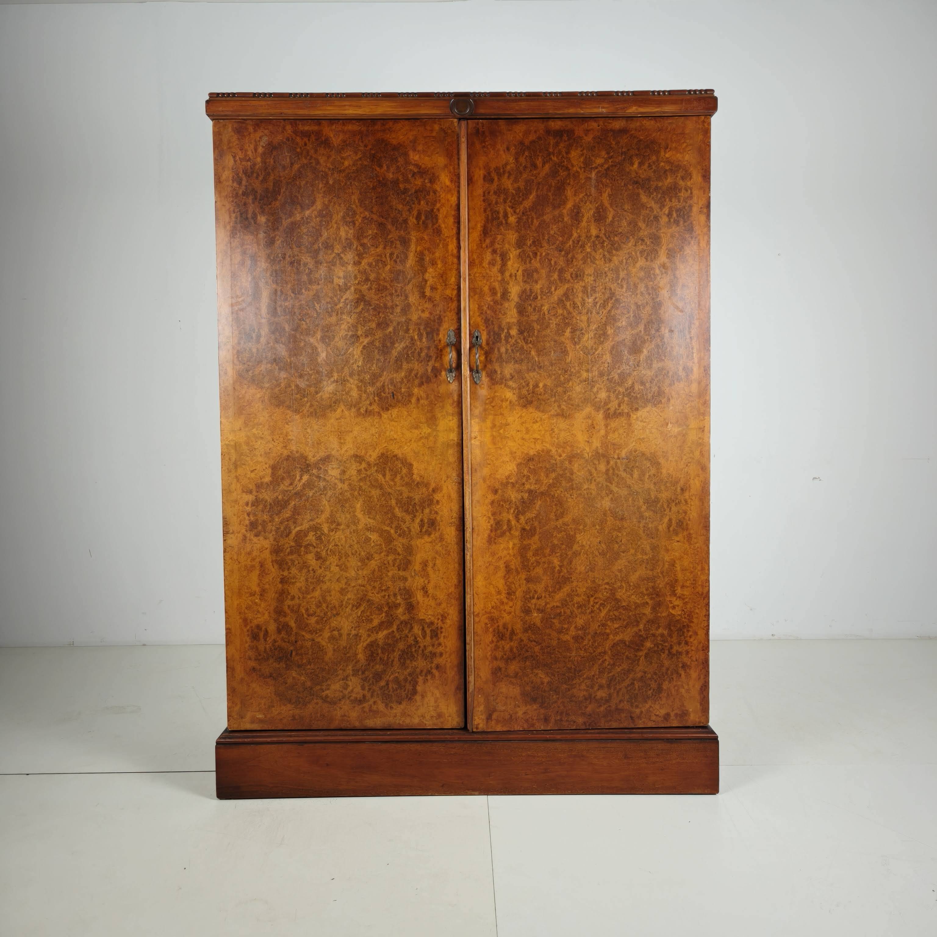 English Art Deco Light Burr Walnut Compactom Gentleman's Wardrobe