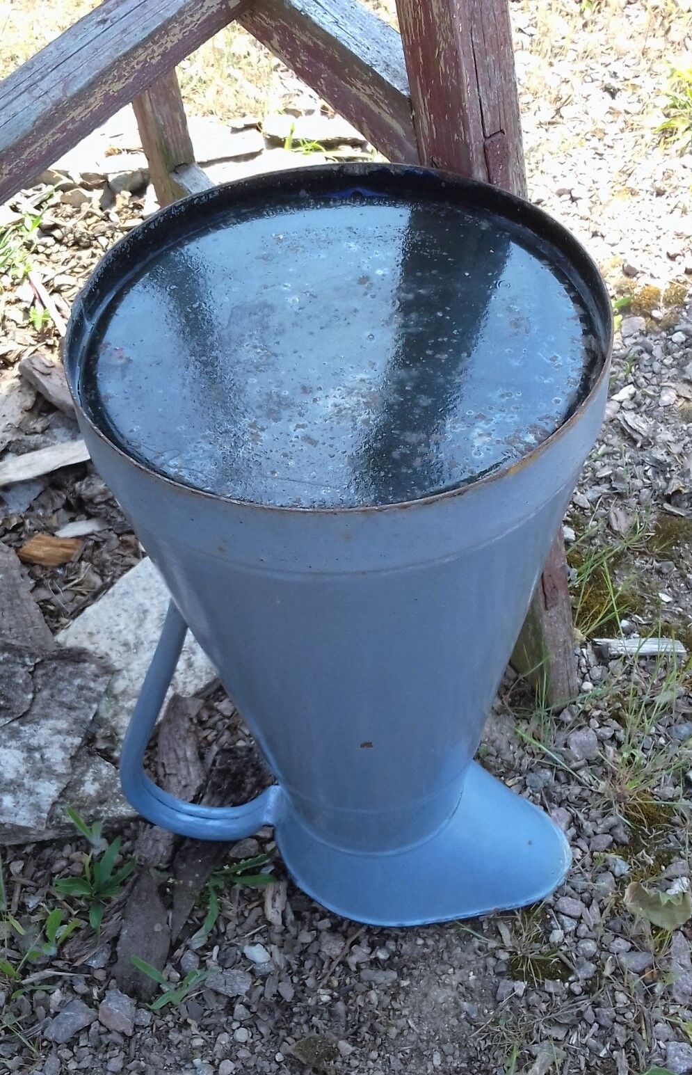 Grand Broc in enamelled sheet blue grey vintage spout + handle