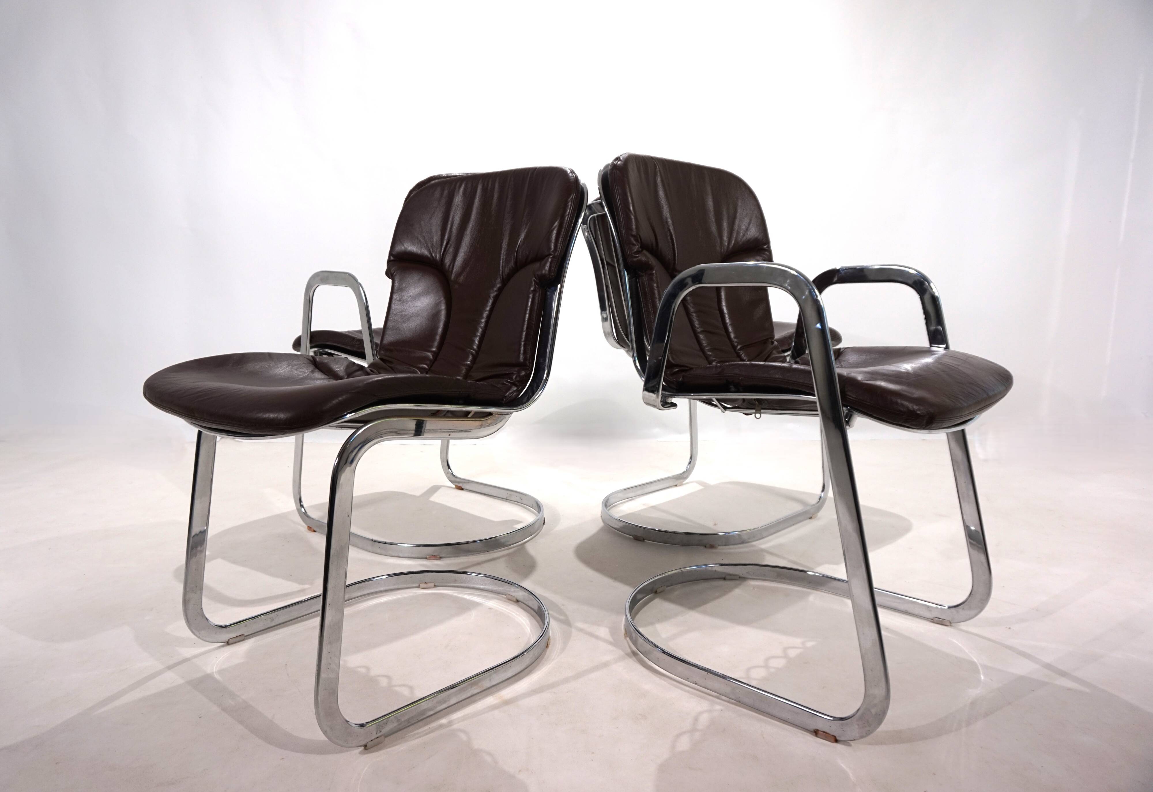 Set of four Cidue leather chrome cantilever chairs by Willy Rizzo, 1970
