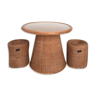 Rattan table set model Mushroom and its 2 stools