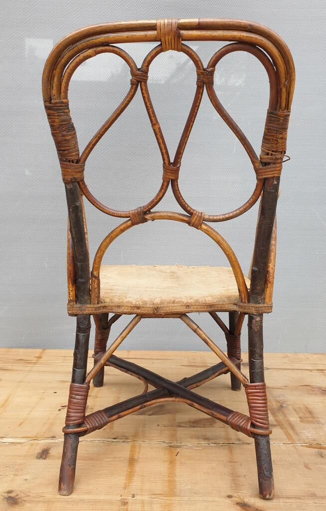 Children's armchair 1890 Chestnut, Rattan and damask velvet