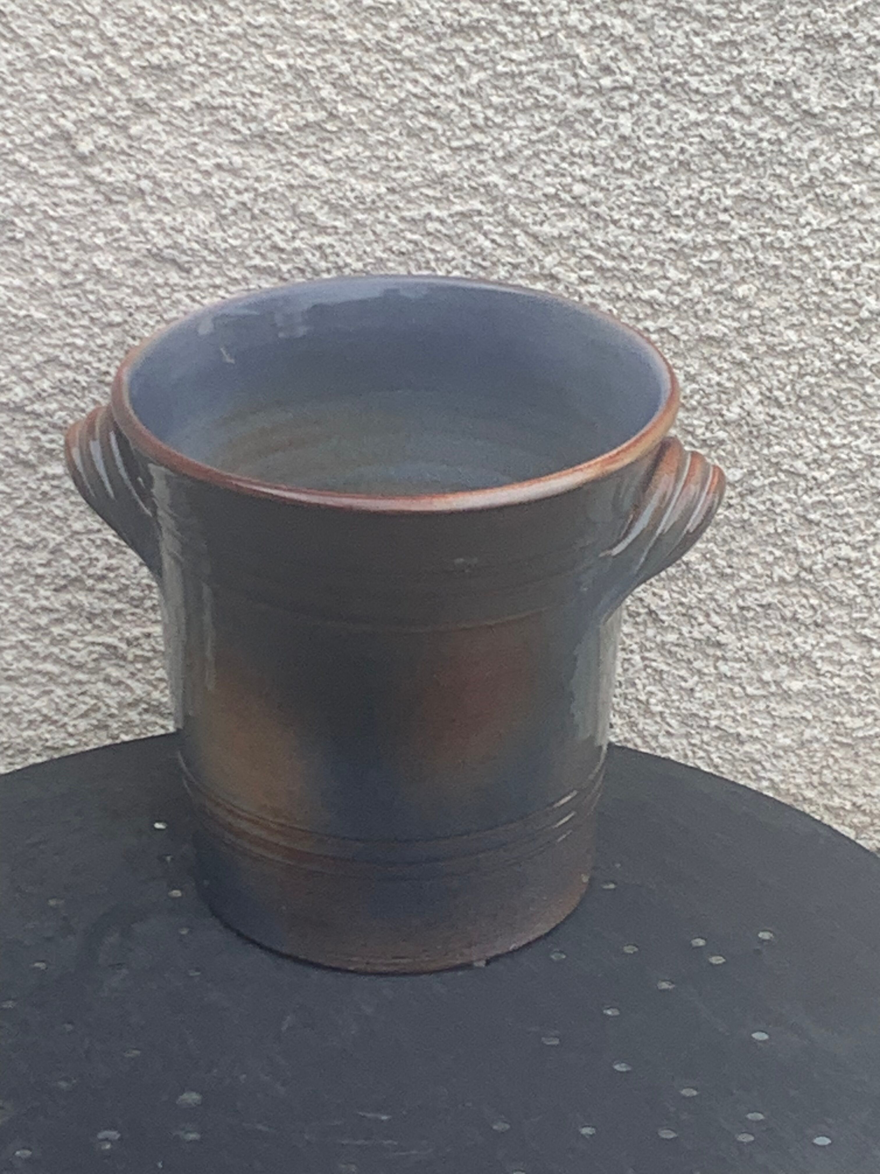 Champagne bucket in blue and beige glazed ceramic, vintage handmade