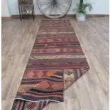 Tapis Kilim en laine et coton turc fait main vintage des années 1970 101x382
