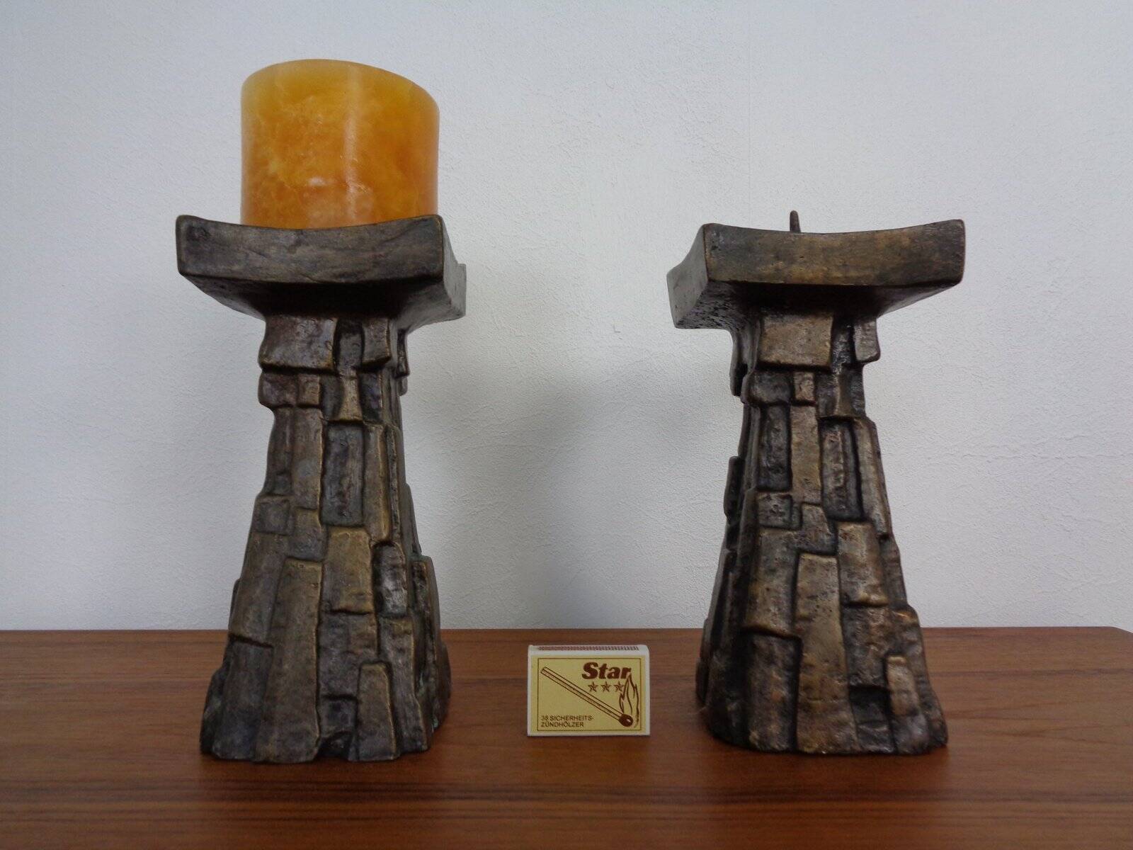 Large Brutalist German Bronze Candleholders, 1960s, Set of 2