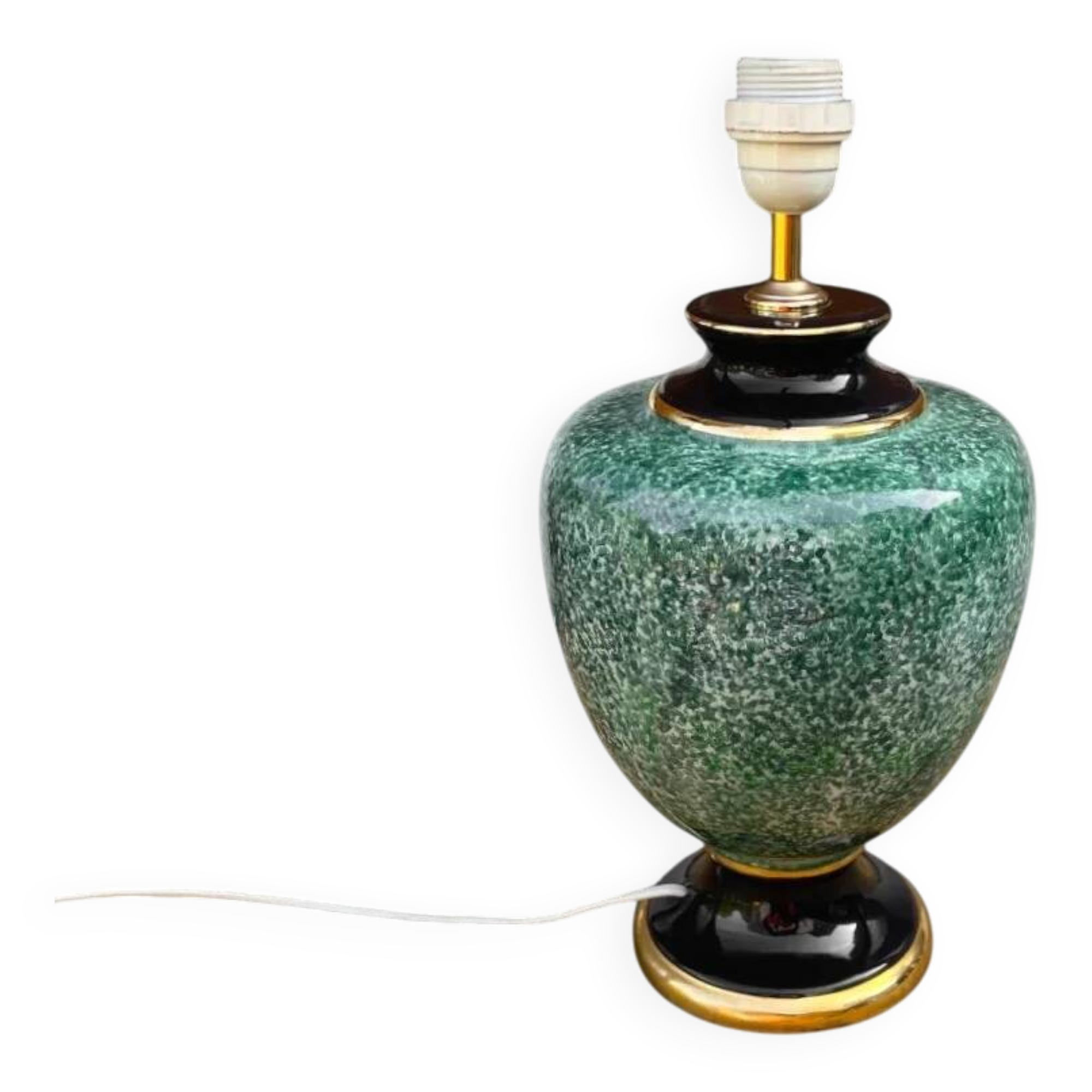 Pied de lampe en céramique verte mouchetée noire et dorée années 70 style Hollywood Regency