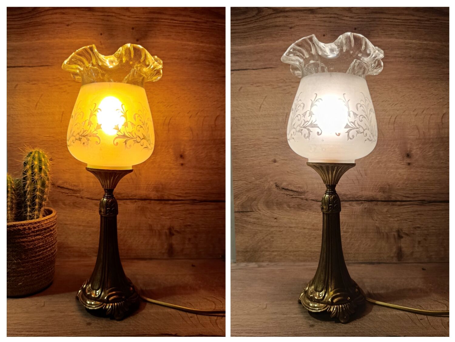 Lampe de table rétro chic bronze, globe à volant, vintage upcyclé