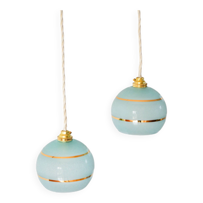 paire de suspensions boules granité bleu et doré 1950