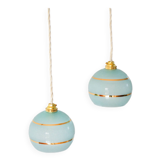 pair of blue and gold granite ball pendants 1950