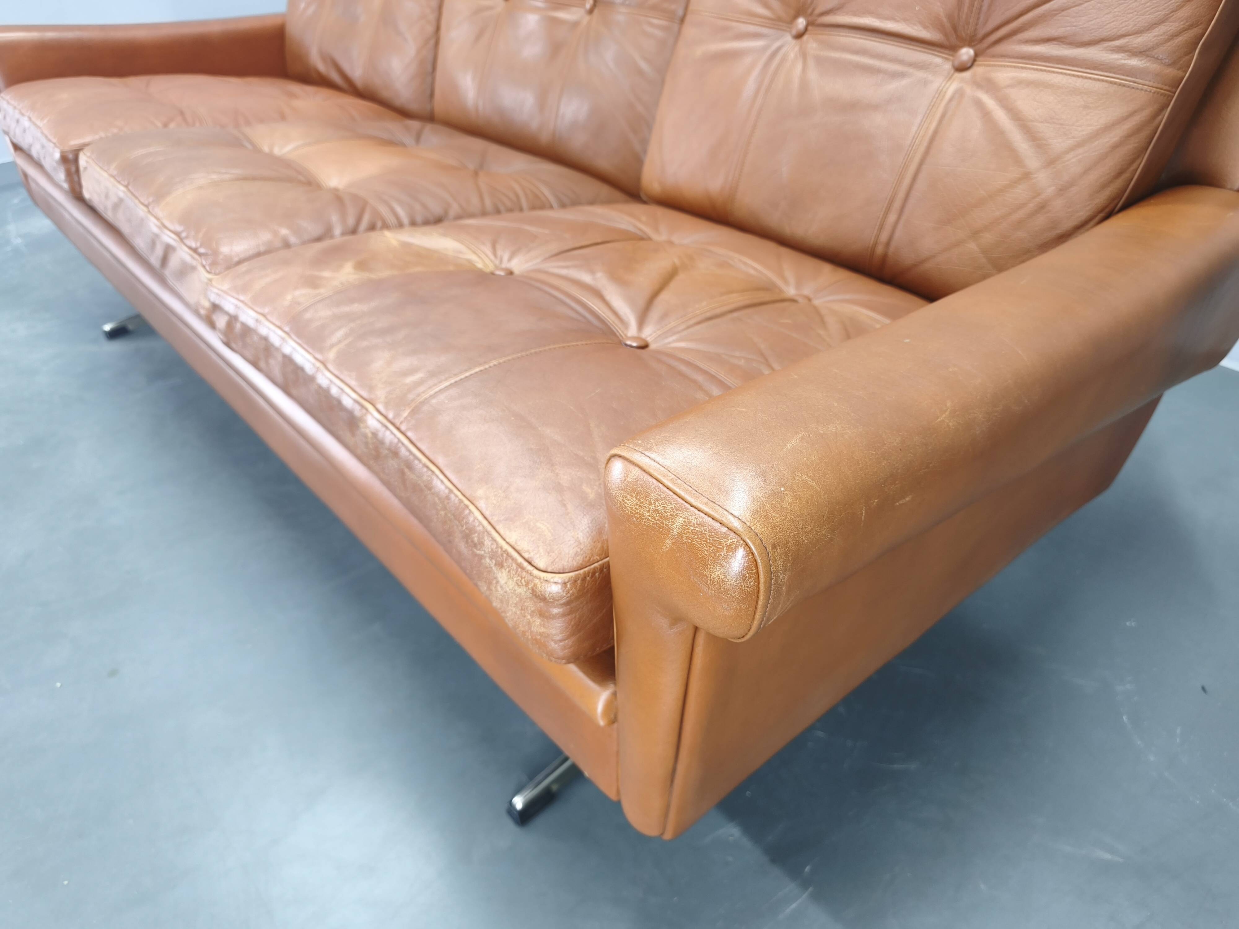 Svend Skipper Danish Leather Sofa Cognac Chrome, 1960s