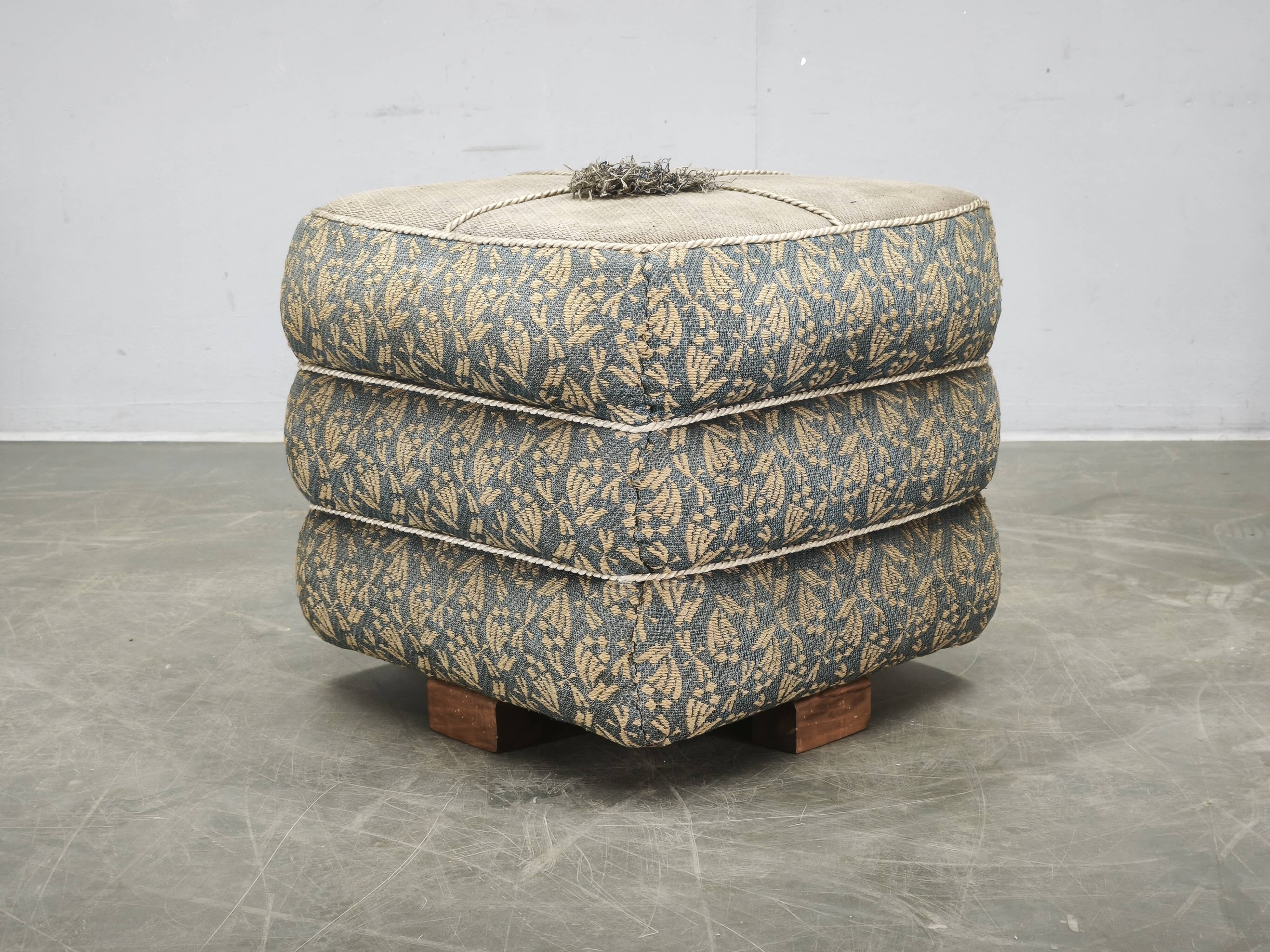 1930s Czech Art Deco Walnut Upholstered Footstool Ottoman