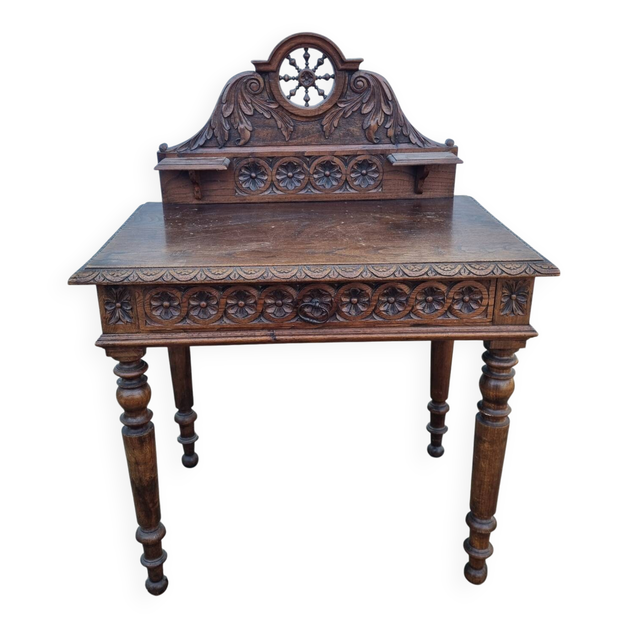 Carved oak desk from Brittany, early 20th century.