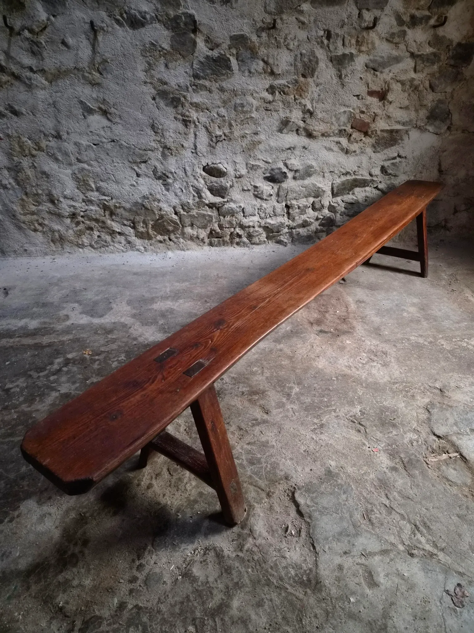 Antique farmhouse bench, 266 cm – oak and pine, 19th century, France