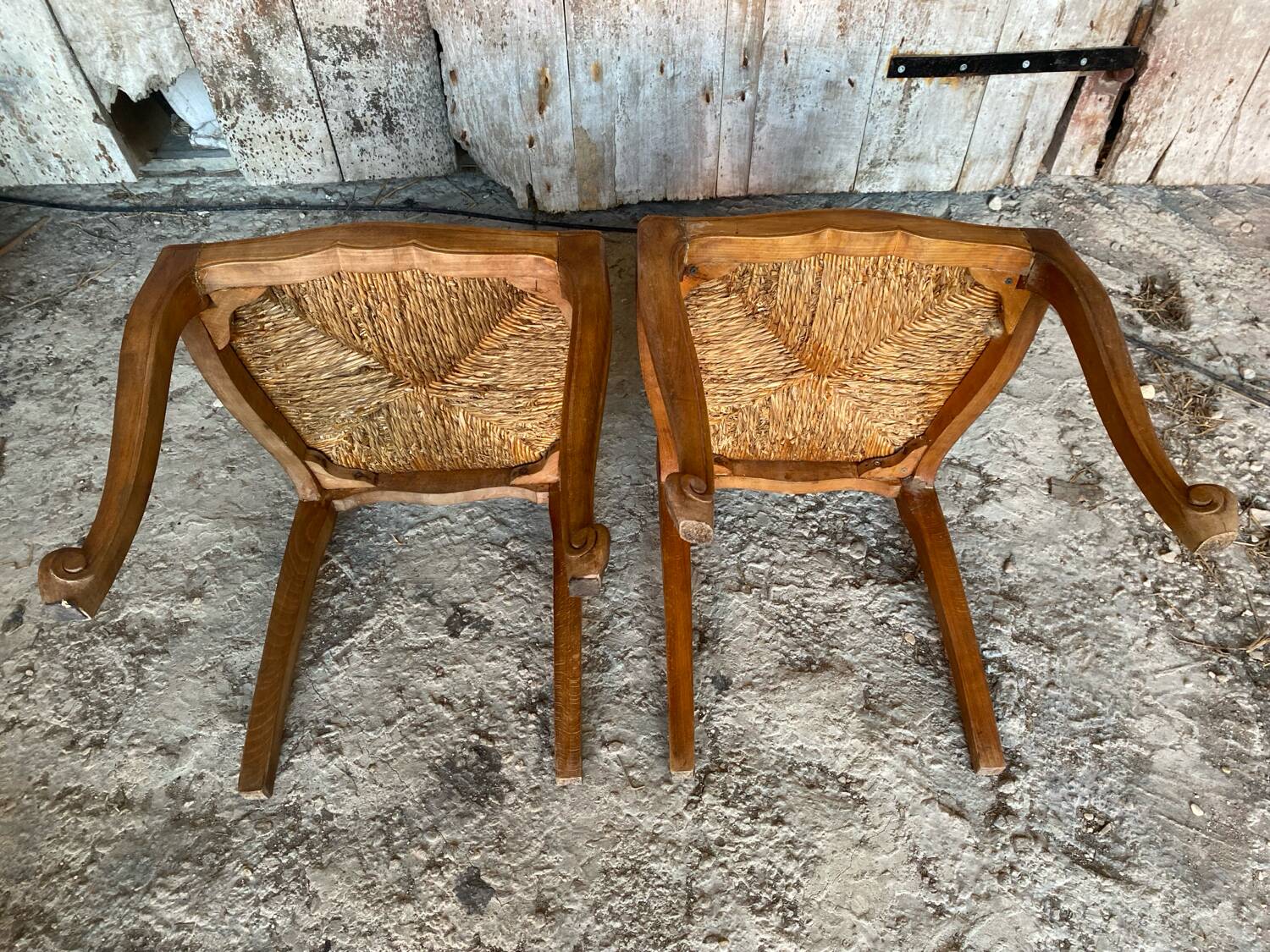 Pair of Antique Art Nouveau Chairs with Wooden Frame + Woven Straw Seat Vintage