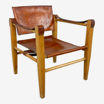 Vintage danish design cognac leather safari chair