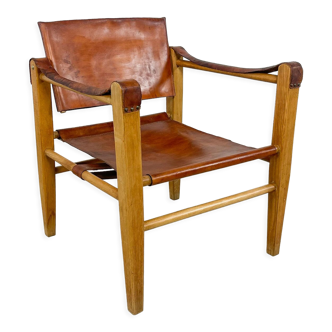 Fauteuil safari en cuir de cognac vintage au design danois