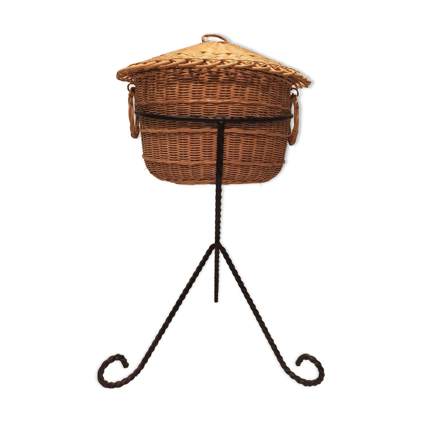 Vintage black metal tripod worker basket and wicker lid