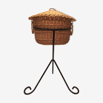 Vintage black metal tripod worker basket and wicker lid