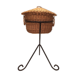 Vintage black metal tripod worker basket and wicker lid