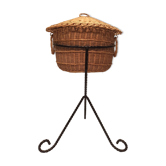 Vintage black metal tripod worker basket and wicker lid