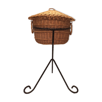 Vintage black metal tripod worker basket and wicker lid