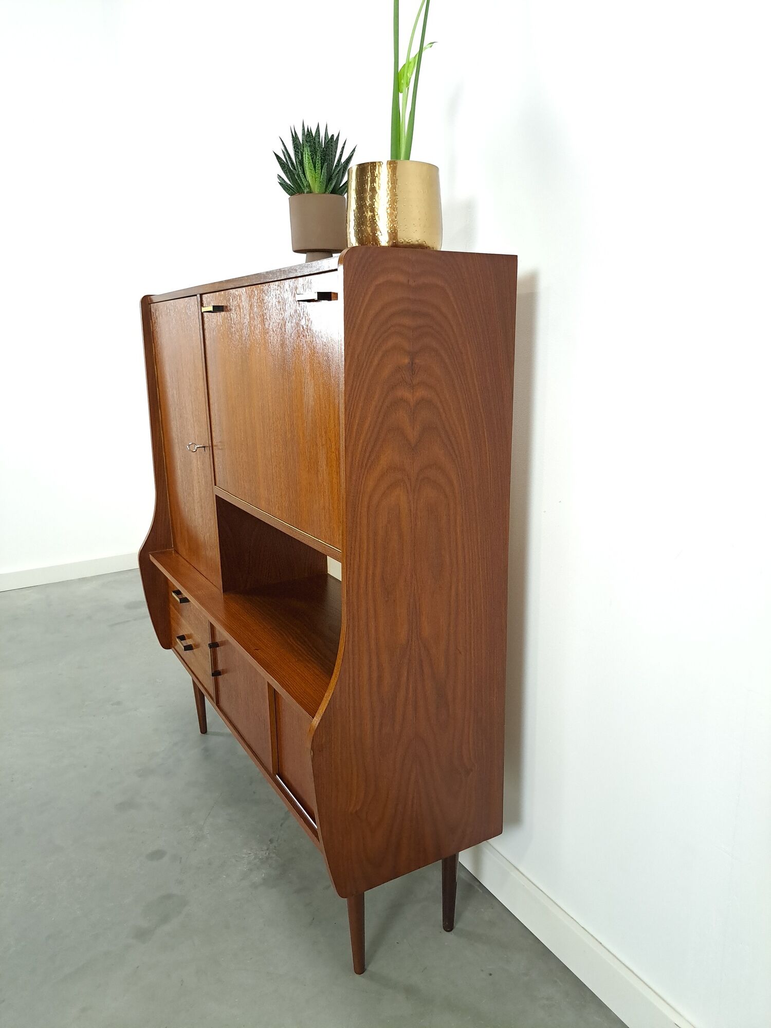 Teak veneer wall cabinet with flap, bar cabinet vintage
