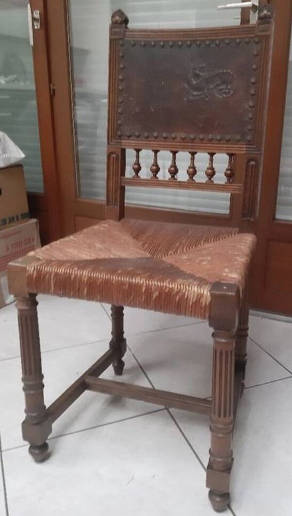 Henri II chaise cuir et paille TBE