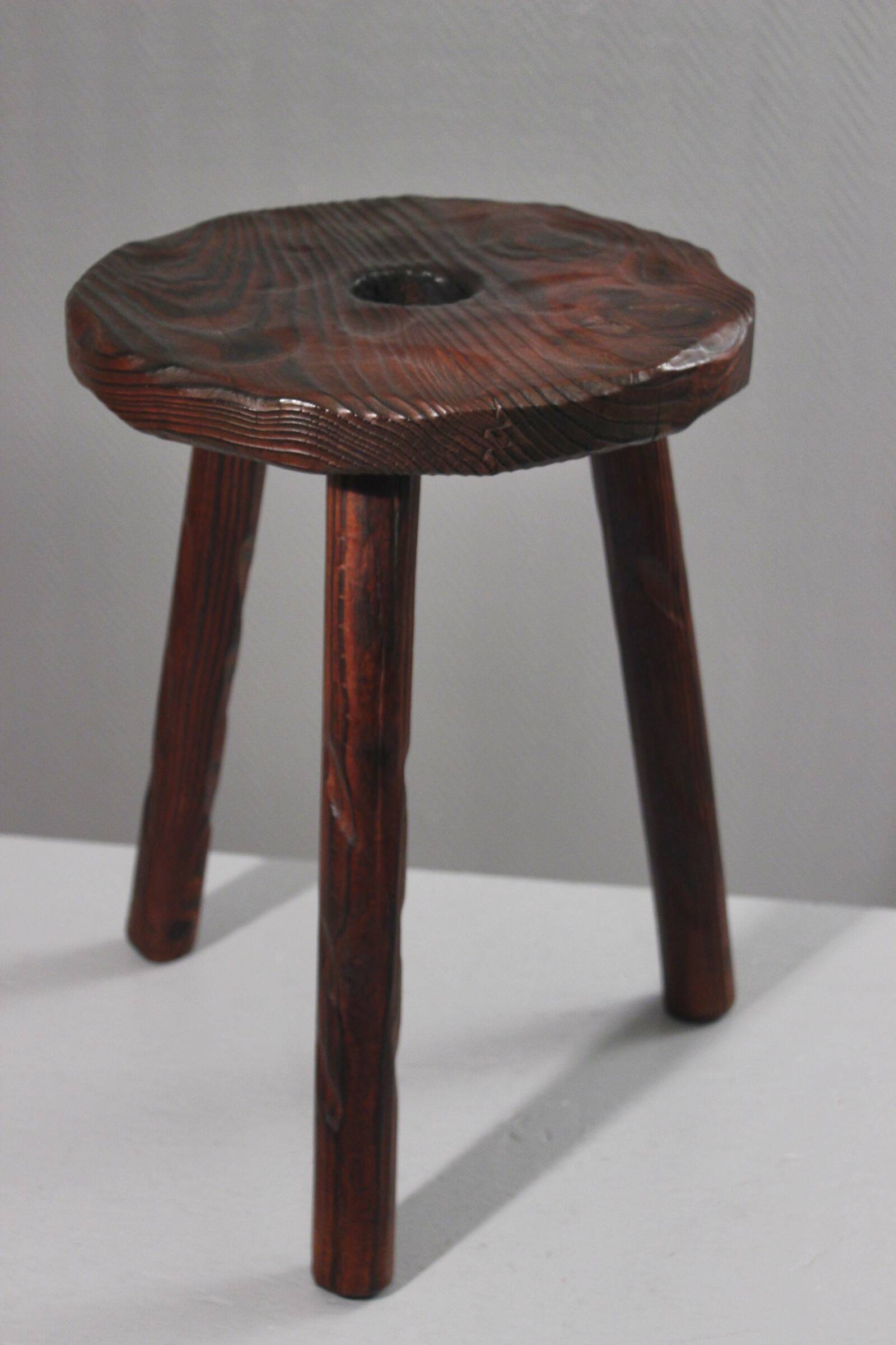Brutalist tripod stool, solid pine, 1950s