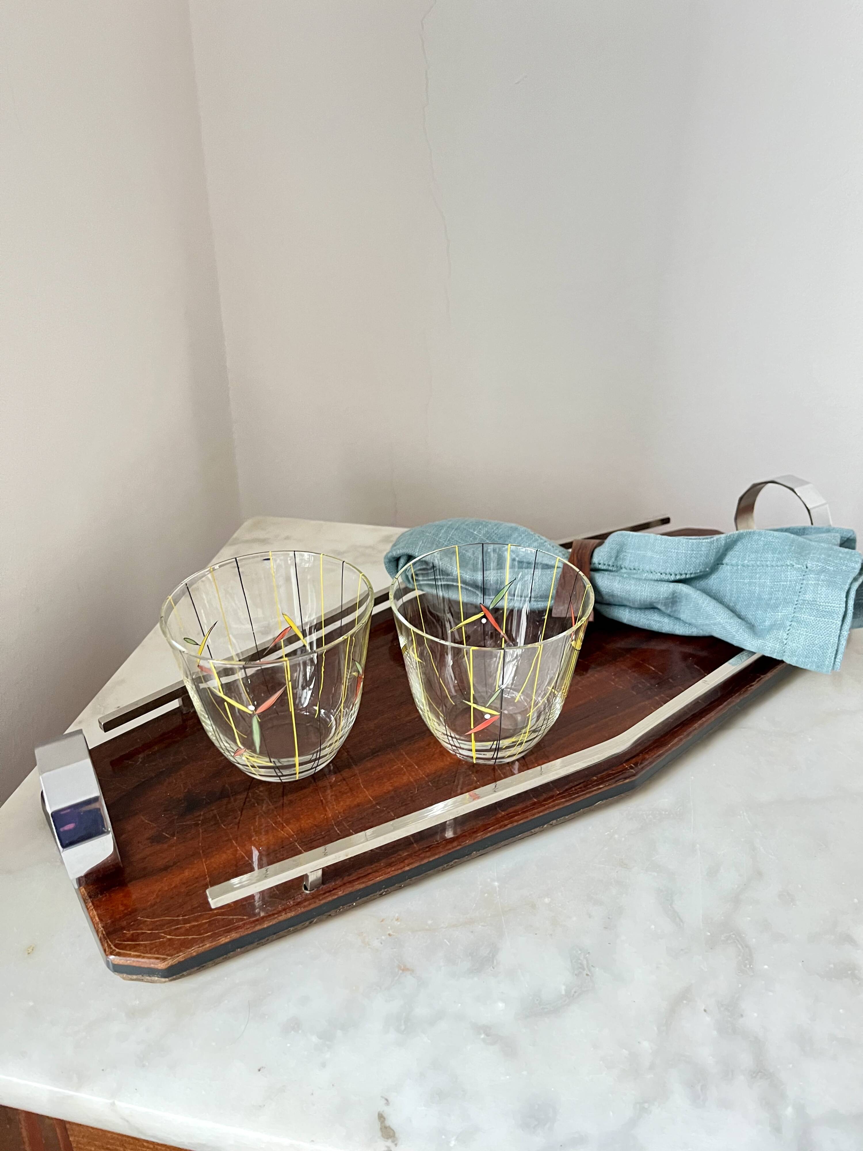 Plateau de service Art déco en bois et chrome – Design géométrique, vintage années 1930