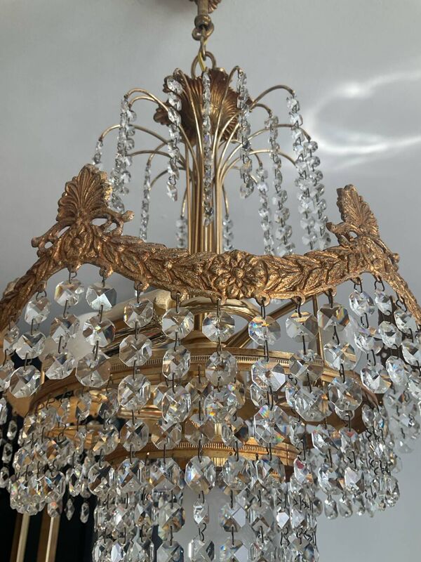 Lustre cascade en bronze et pampilles de cristal