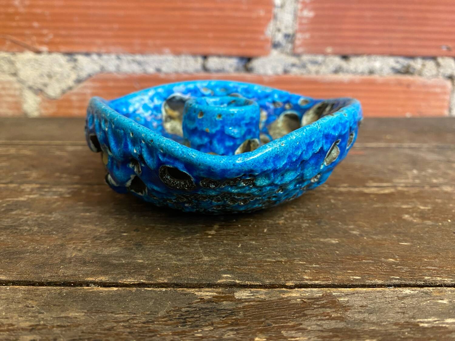 Vintage blue fat lava ceramic cyclops candle holder charles cart
