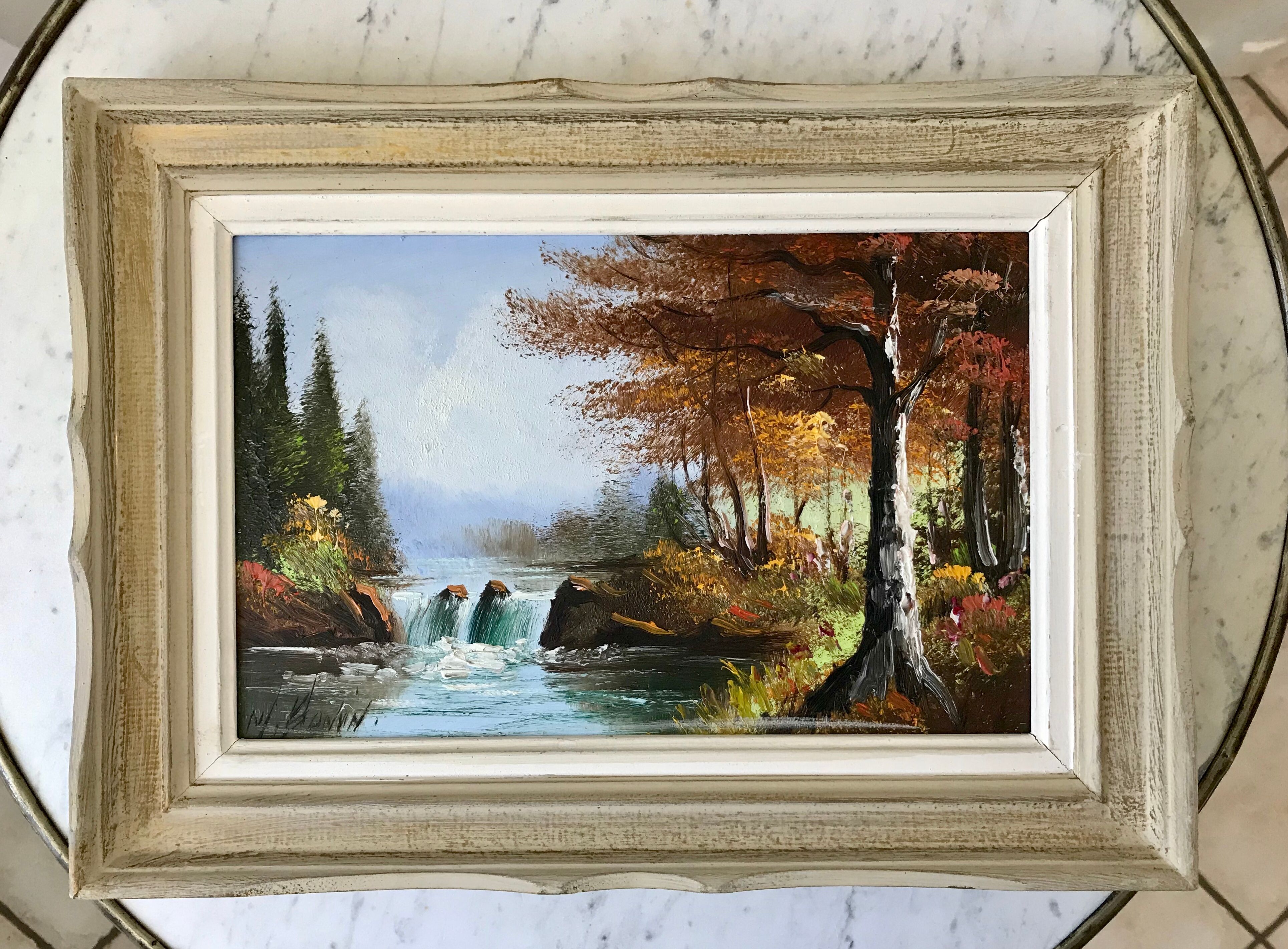 Old landscape vintage river painting signed