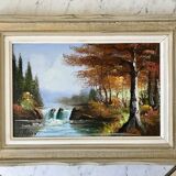 Old landscape vintage river painting signed