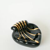Heart / shell ceramic pocket tray, black and gold, signed, 1950