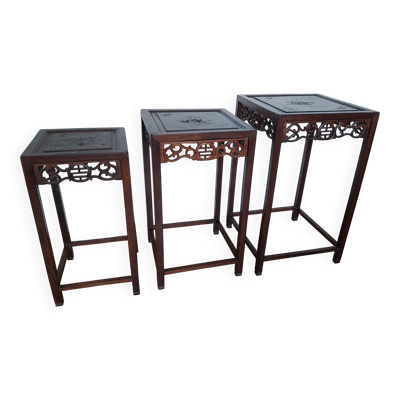 3 tables gigognes chinoises en bois et laiton