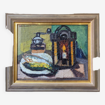 1959 Mid-Century Modern Swedish "Still Life With Lamp" Vintage Oil Painting, Framed