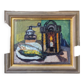 1959 Mid-Century Modern Swedish "Still Life With Lamp" Vintage Oil Painting, Framed