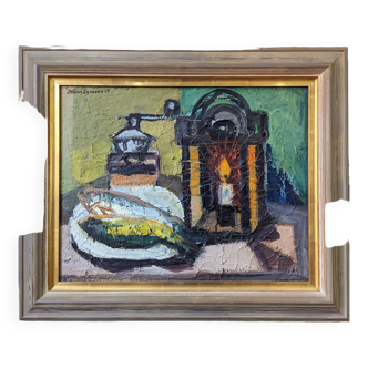 1959 Mid-Century Modern Swedish "Still Life With Lamp" Vintage Oil Painting, Framed