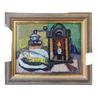 1959 Peinture à l’huile vintage suédoise moderne  « Nature morte avec lampe », encadrée