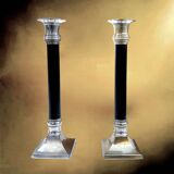Pair of Art Deco candlesticks in nickel-plated metal and black column – 1930s