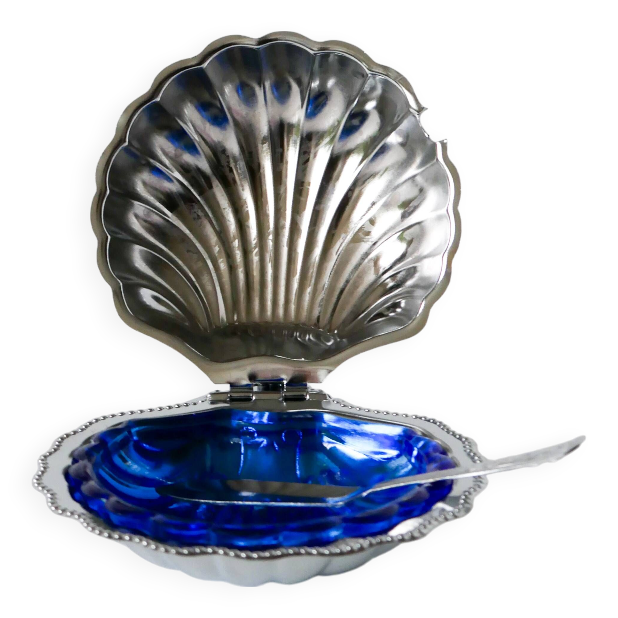 Shell butter dish in stainless steel and blue glass, with butter dish, 1970