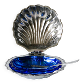Beurrier coquillage en inox et verre bleu, avec beurrier, 1970