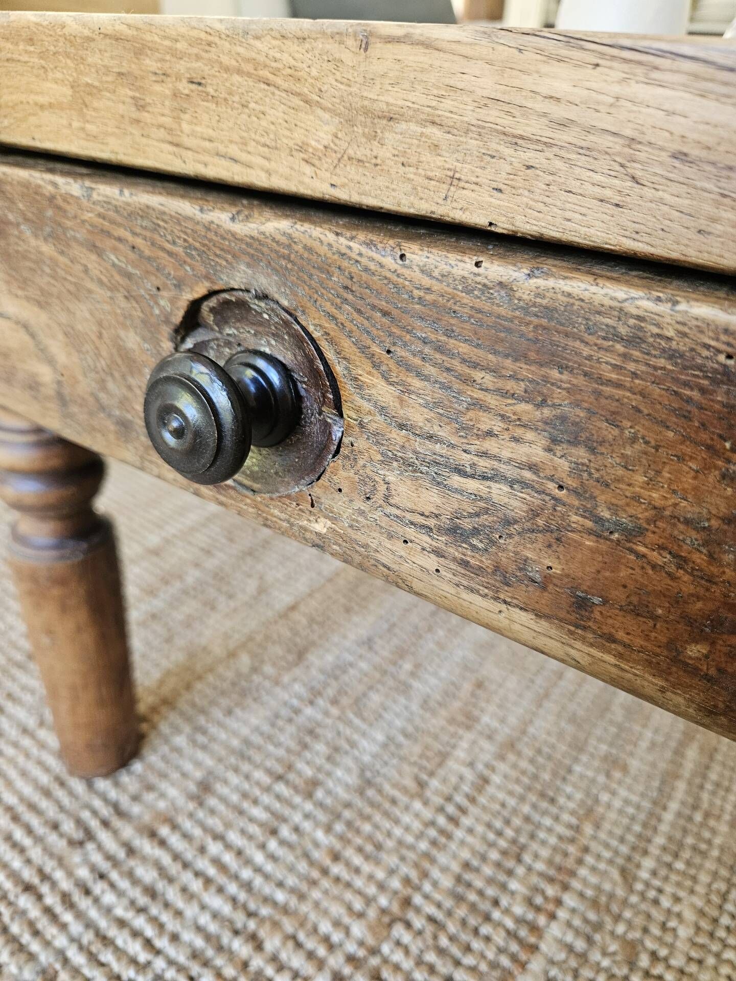 XXL coffee table in solid raw elm wood with 2 drawers, rustic antique.
