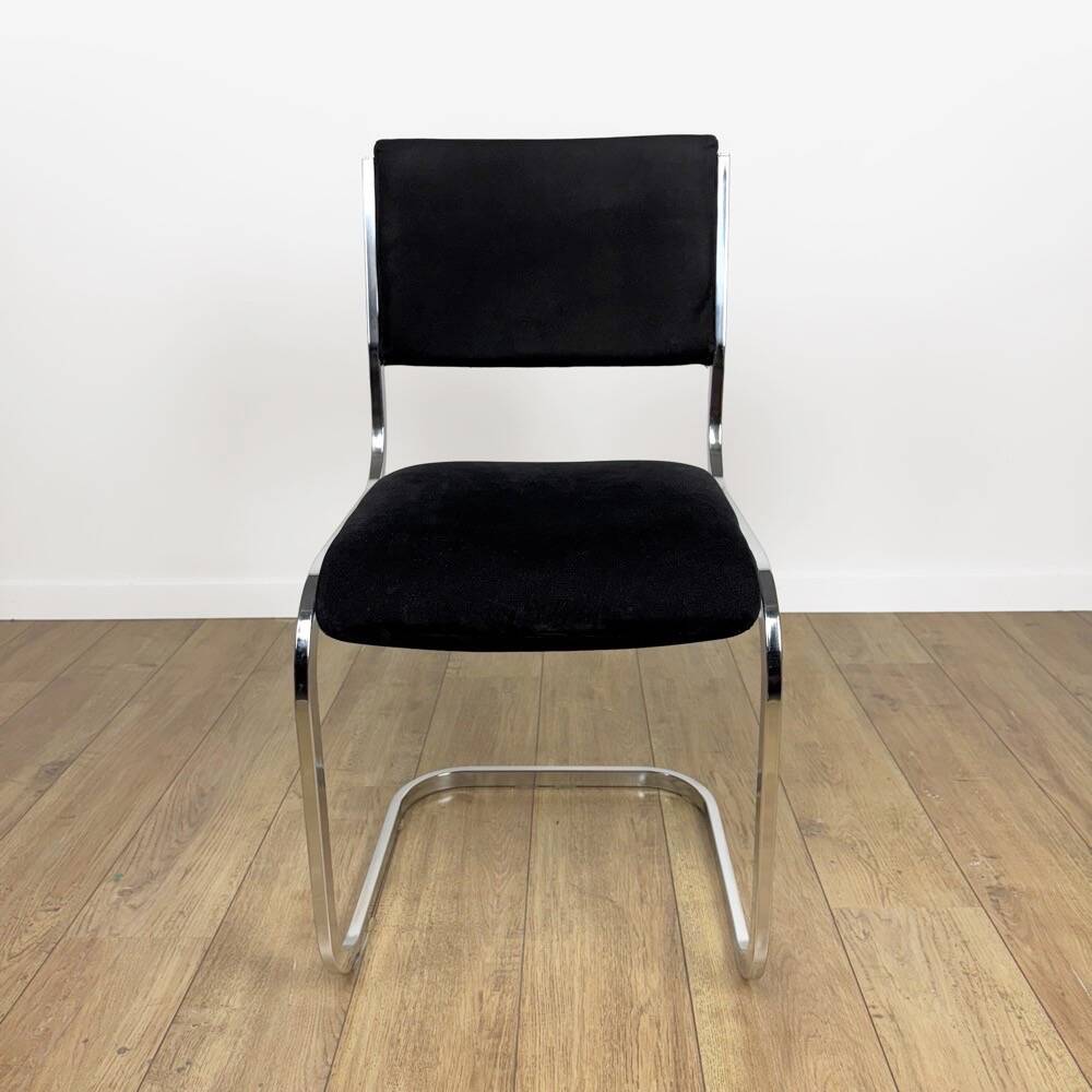 Chrome and black velvet sled chair from the 70s in Italy