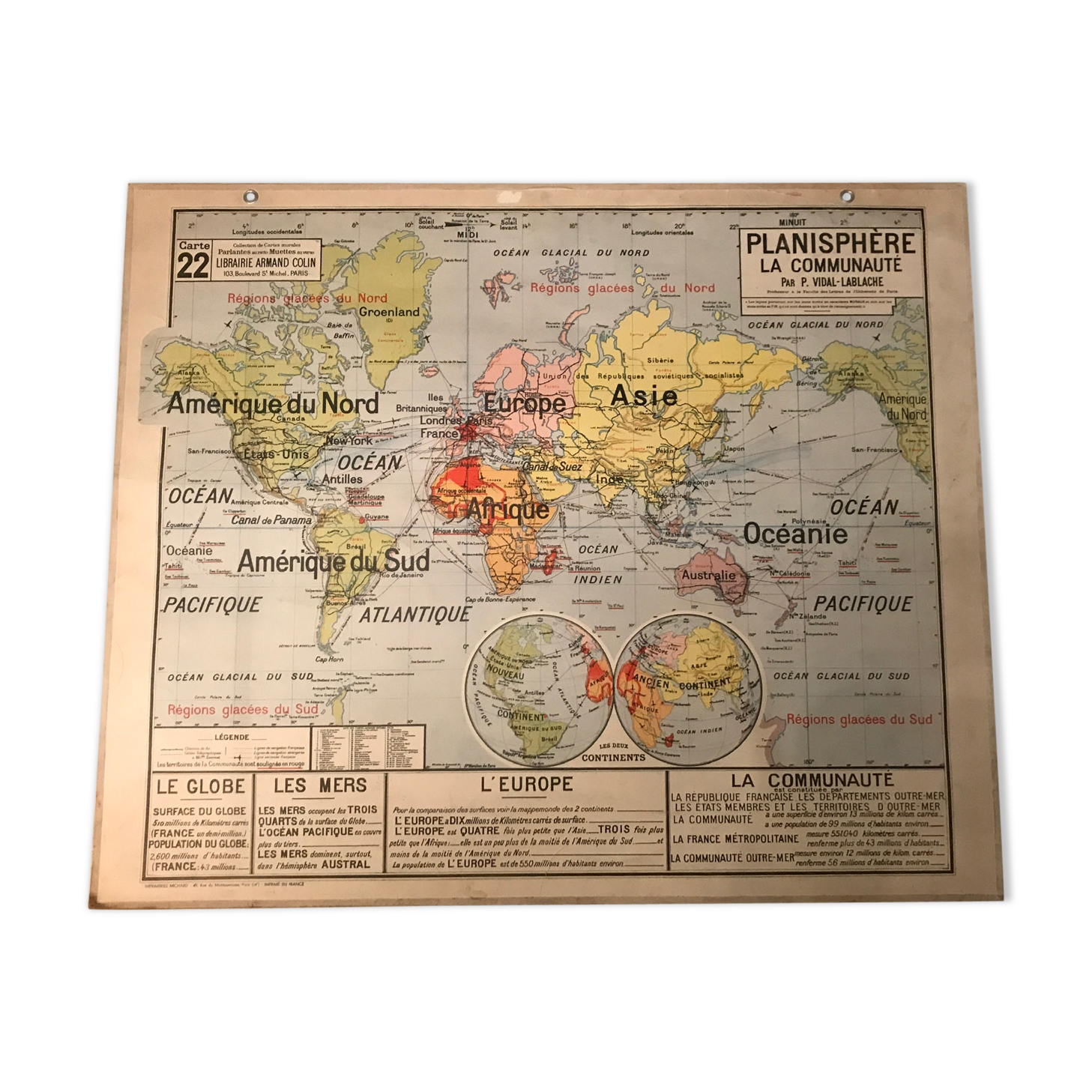 School planisphere Vidal-Lablache 1955 map