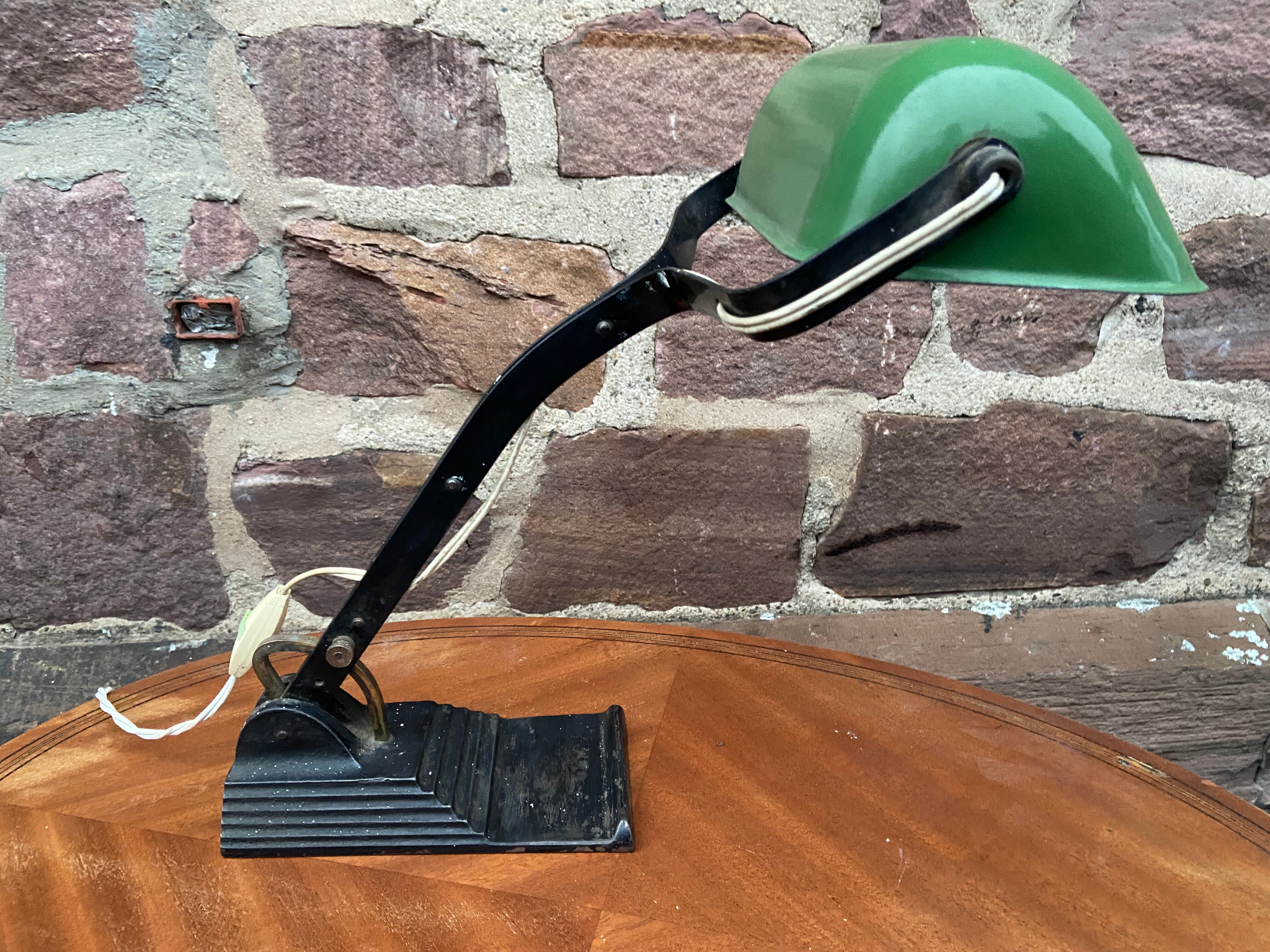 Art deco banker's lamp, 1930s bauhaus horax style enamel