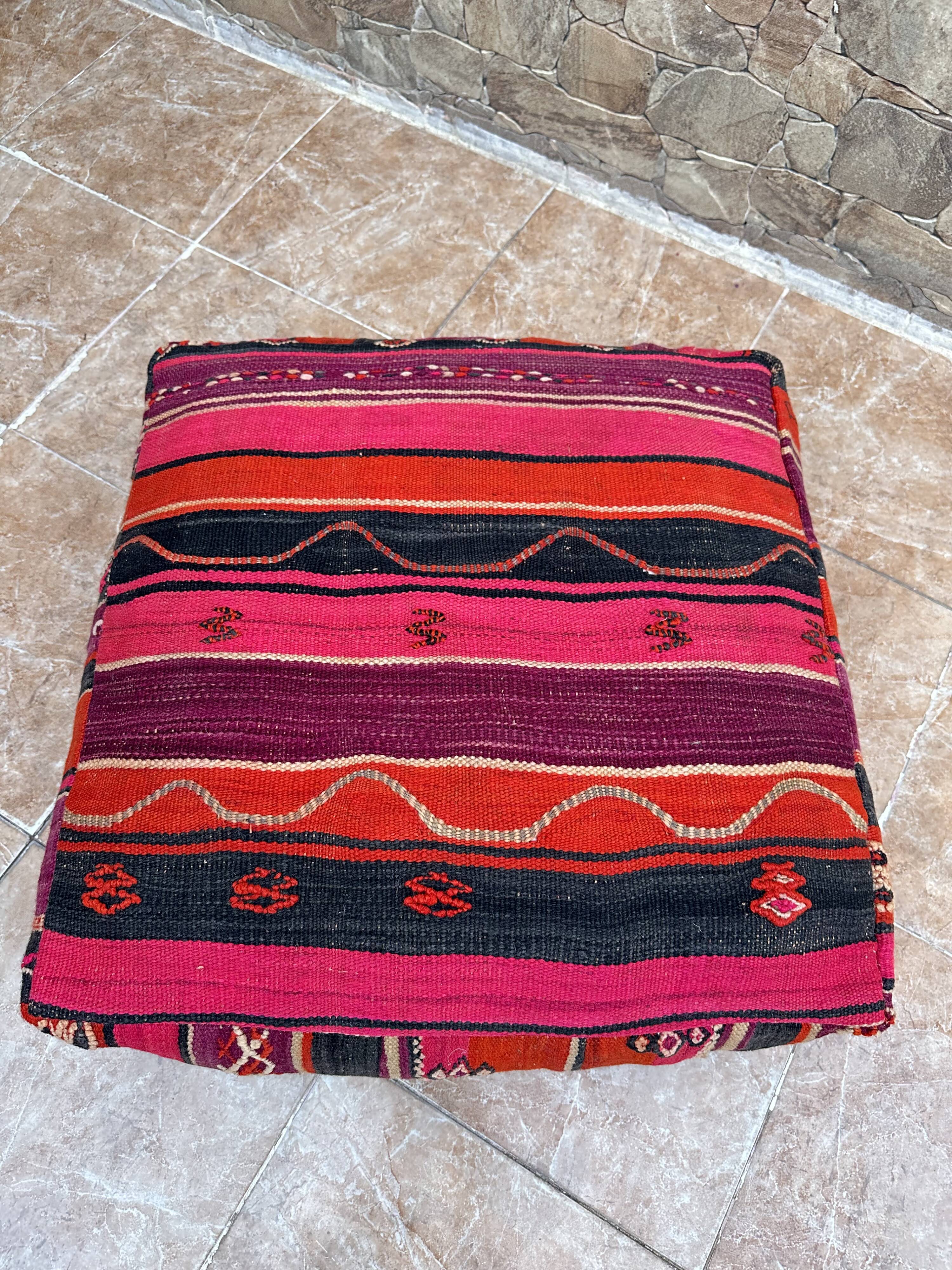 Vintage handmade Berber Kilim pouf, Moroccan floor cushion.