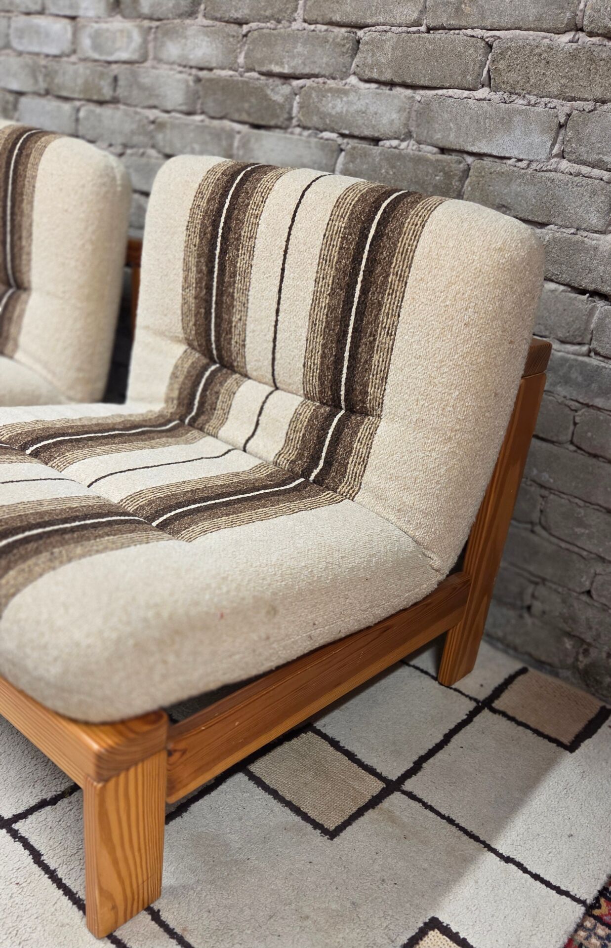 Pair of vintage 1970s armchairs in solid pine.