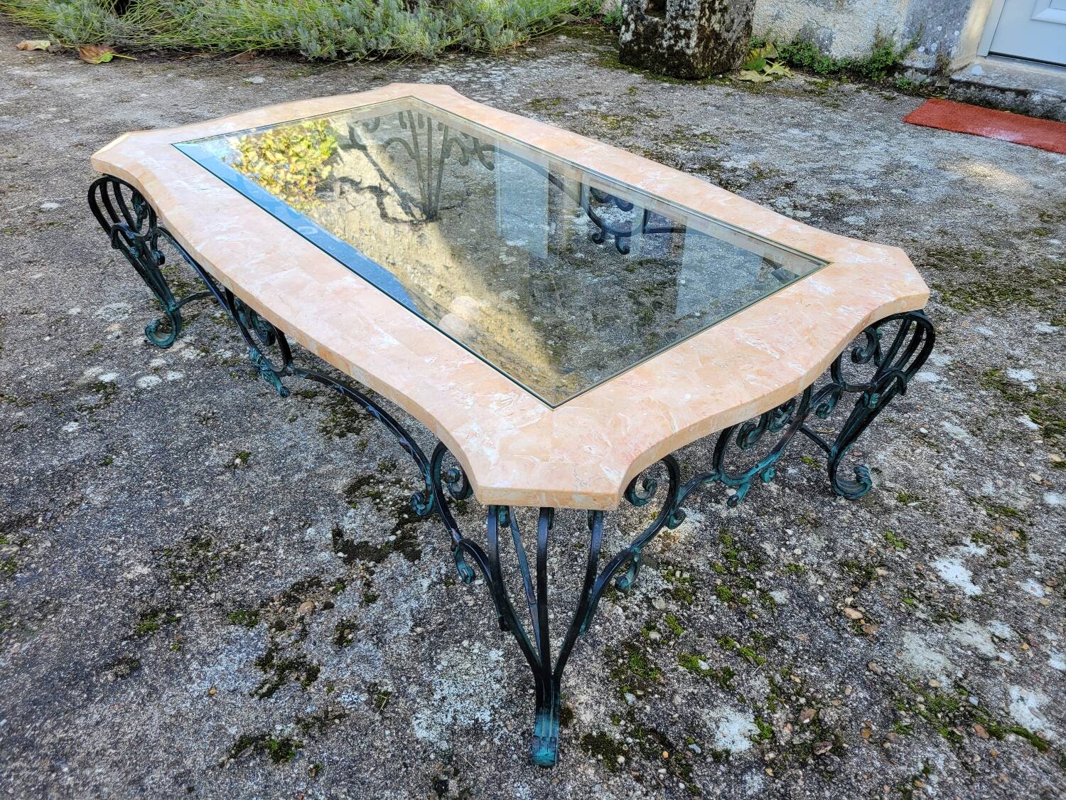 Pink marble and wrought iron coffee table